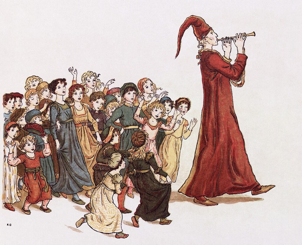 Illustration of a piper in a red robe and hat playing a flute, leading a group of children dressed in various historical costumes, reminiscent of the harmonious coordination found in NHS primary care.