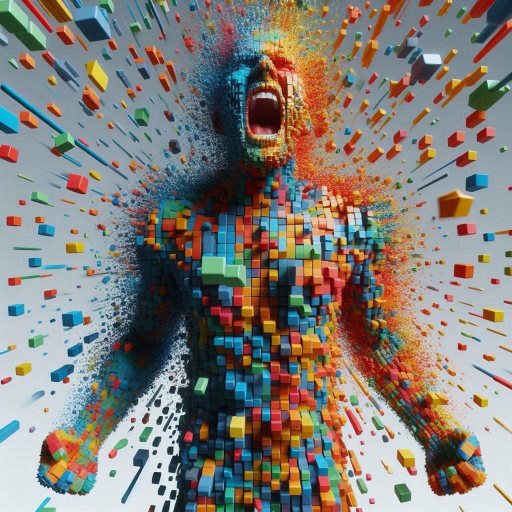 digital artwork of a human figure made from colorful cubes, with the cubes dispersing outward in an explosive manner. The figure is shown with open mouth, conveying a powerful expression akin to doctors confronting conflict in primary care settings.