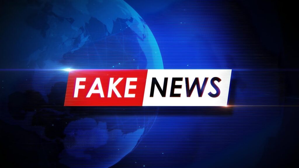"Fake News" in bold red and white letters hovers over a digital blue globe background, resembling an impenetrable paywall between truth and misinformation.