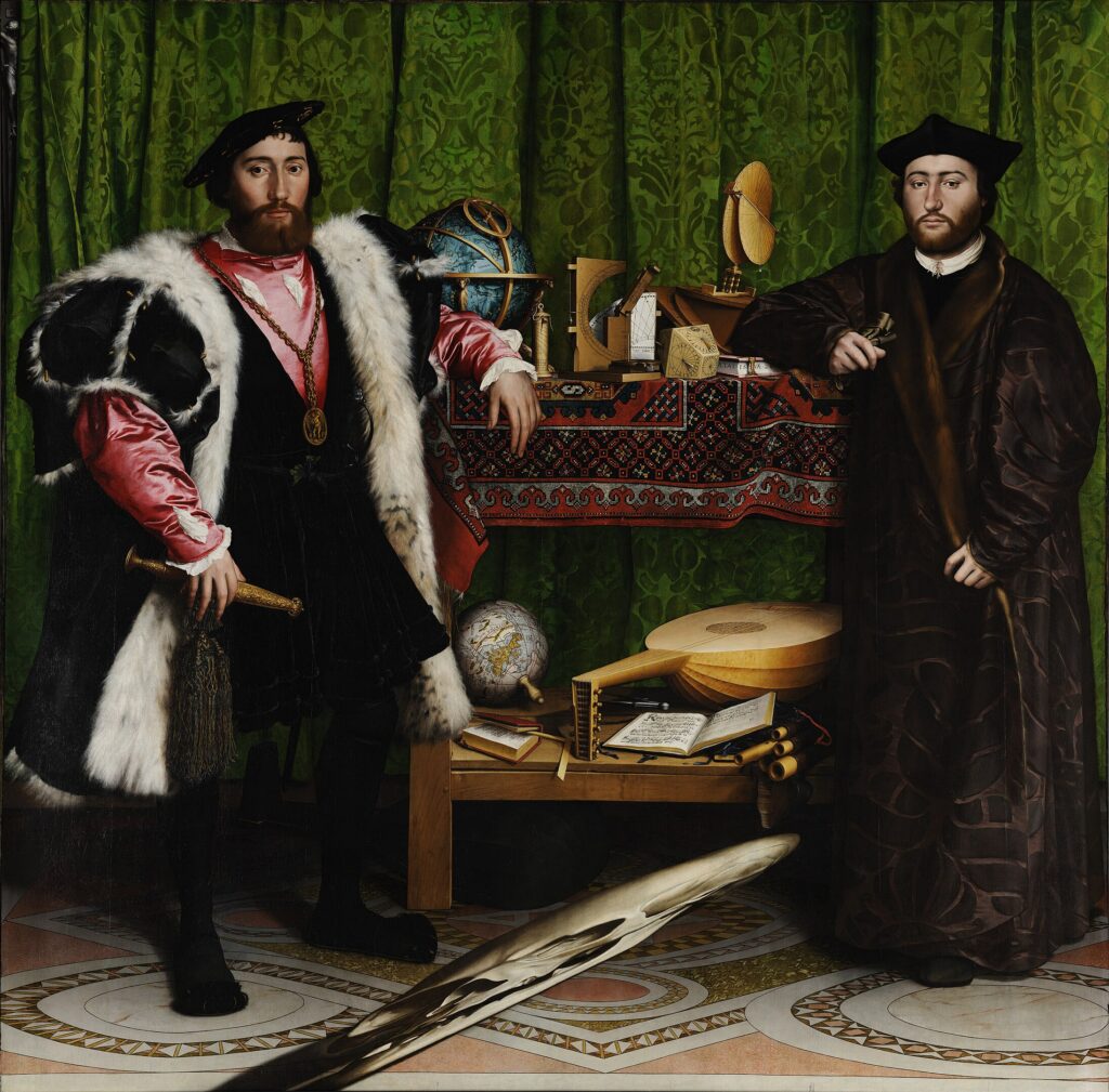 Two men in Renaissance clothing stand beside a table with scientific instruments, books, and a lute; a distorted object lies on the floor; green curtain background.