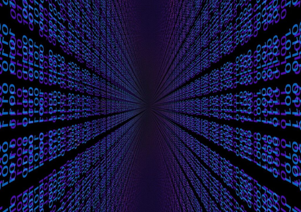 Binary code in blue and purple arranged in columns, converging toward a central vanishing point, creating a tunnel-like digital effect.