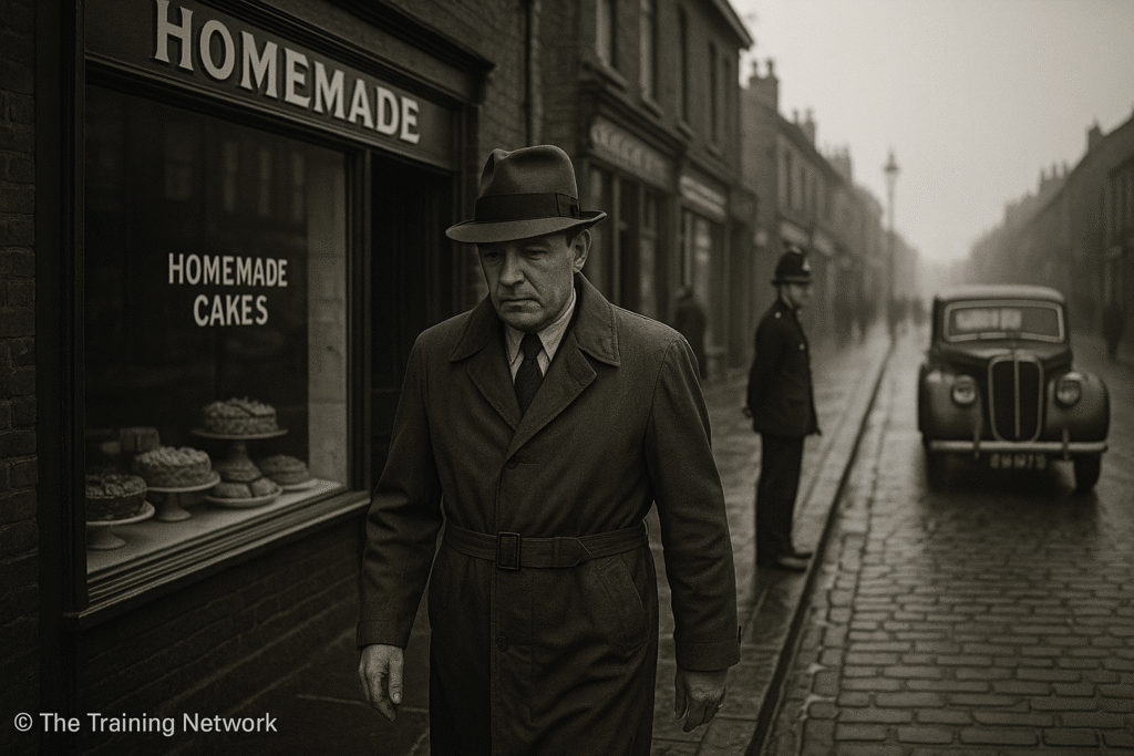 Post-war British street with man in trench coat passing bakery window labeled "BREAD" and "Home Made Cakes"