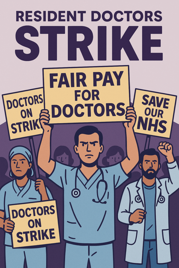 Illustrated resident doctors protesting for fair pay and NHS support with bold signs and raised fists.