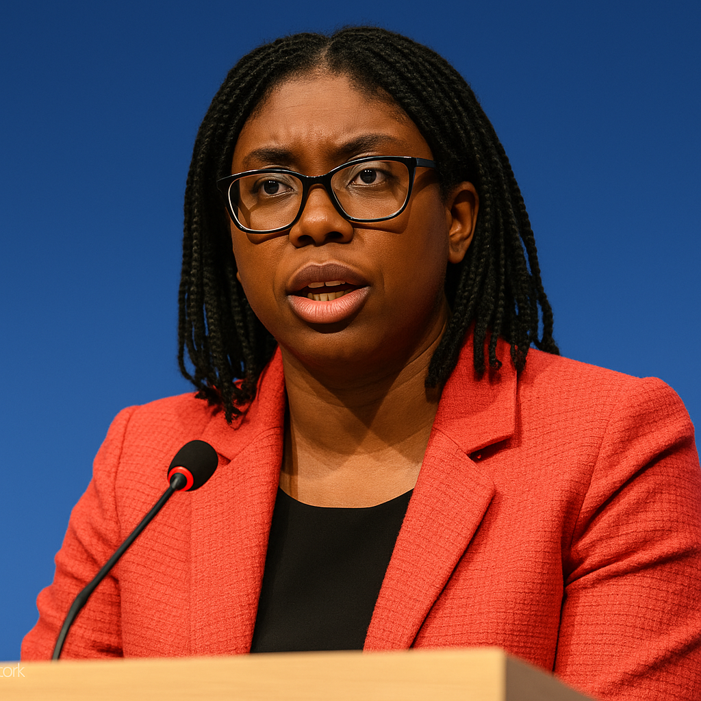 Kemi Badenoch speaking at a podium in a coral blazer against a blue background.