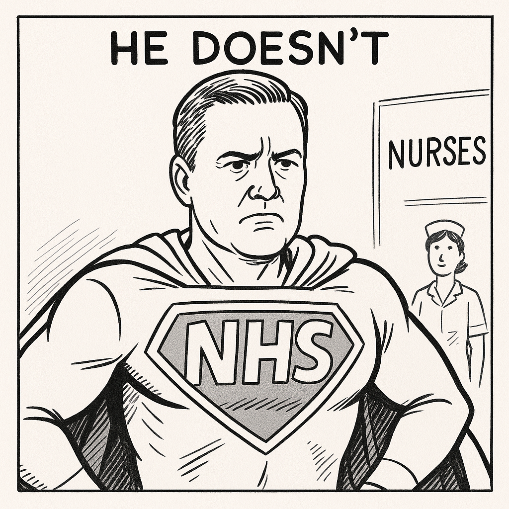 Cartoon of politician dressed as NHS superhero with "HE DOESN’T" caption.