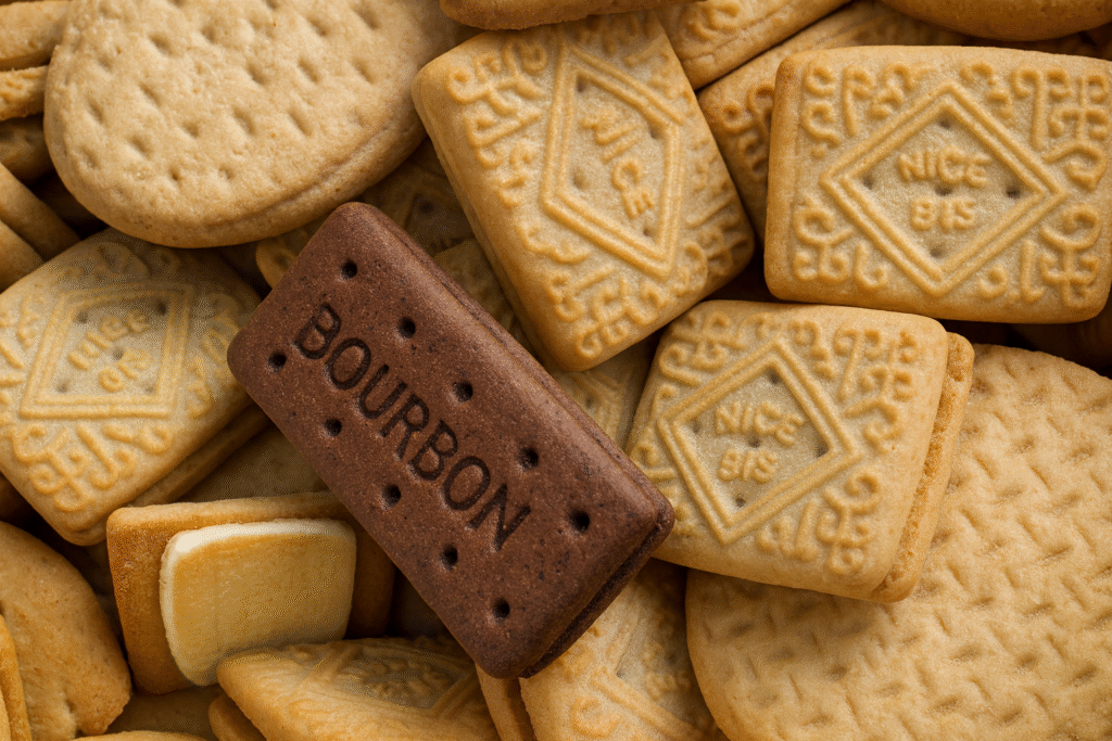 High-resolution image of assorted biscuits featuring a prominent Bourbon