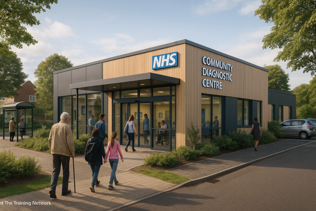 Modern NHS Community Diagnostic Centre in a suburban neighbourhood with patients entering and exiting.