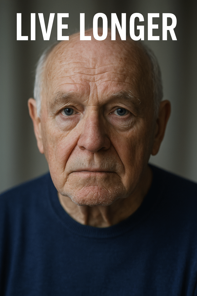 Portrait of elderly man wearing grey sweater, with "LIVE LONGER" text above.