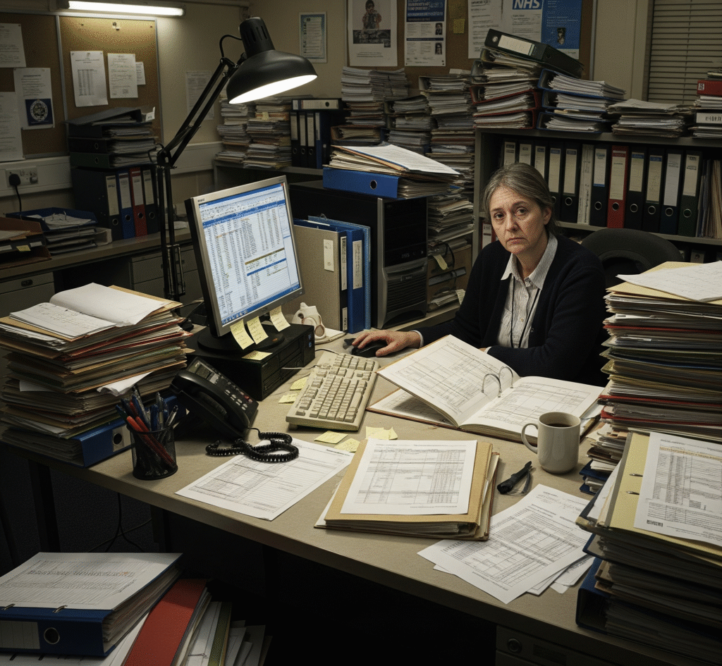 A realistic photograph of a cluttered NHS administration office, with an overwhelmed administrator sitting at a desk piled high with paperwork.