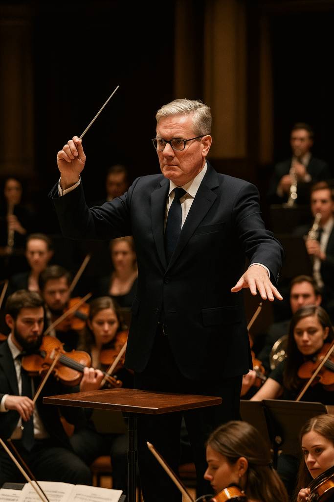 A conductor leading an orchestra in a grand concert hall, symbolising NHS coordination and leadership.