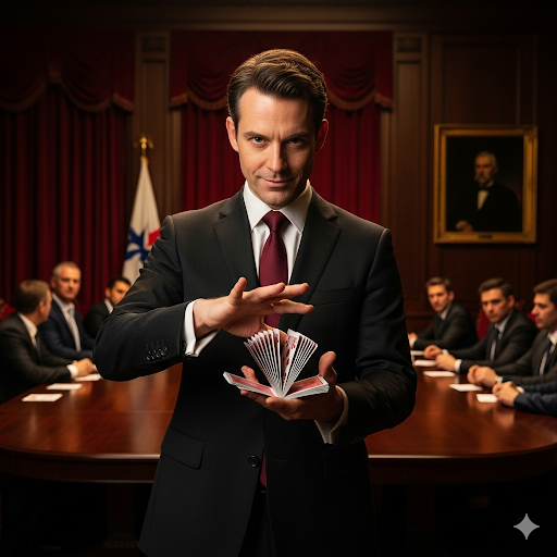 A magician in a suit shuffles a deck of cards in a formal, wood-paneled boardroom with several men in suits seated around a large table in the background.