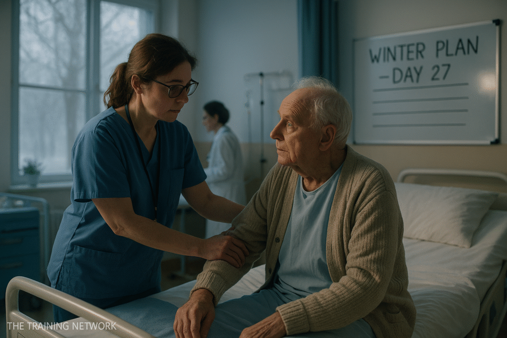 A nurse assists an elderly patient in a softly lit hospital ward on a frosty winter morning.