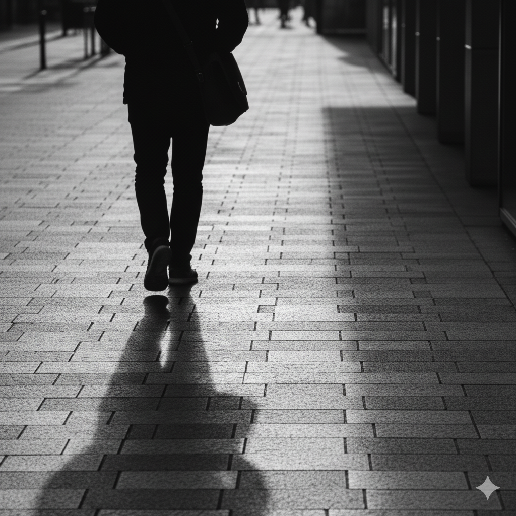 A cinematic street scene captured in strong contrast lighting. The image shows two silhouetted figures walking along a sunlit pavement. In the foreground, a person’s arm and leg are visible in shadow, their body cropped by the frame edge, while in the background another figure walks away carrying a rectangular bag. The afternoon sunlight casts long, sharp shadows across the textured stone pavement, emphasising the geometry of the tiles. To the right, a glass wall reflects parts of the figures and adds depth. The overall mood is mysterious and urban, evoking a sense of quiet tension or anonymity, with soft natural light and deep contrast between light and shadow.