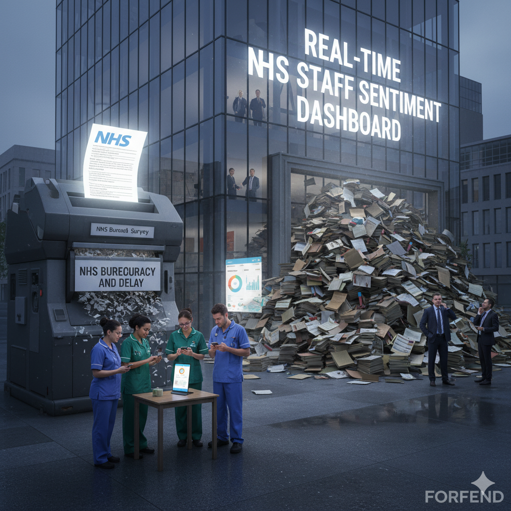 A stark contrast between outdated bureaucracy and modern data analysis in the NHS. A massive paper shredder labeled "NHS Bureaucracy and Delay" devours an "NHS Staff Survey" document, while a mountain of old paper files accumulates. In the foreground, NHS staff use tablets and phones for real-time feedback, with a modern building in the background displaying "REAL-TIME NHS STAFF SENTIMENT DASHBOARD."