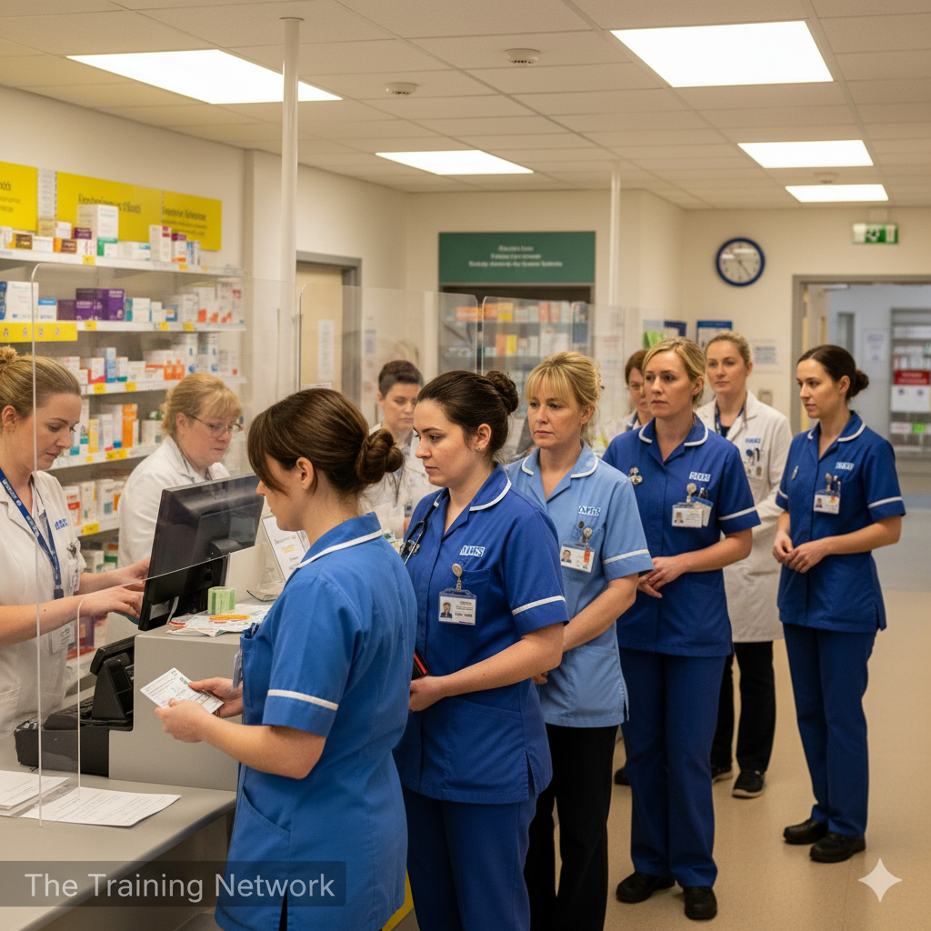 NHS healthcare workers in hospital uniforms queuing at a pharmacy counter, paying for their Covid booster vaccinations. Shows realistic faces and indoor lighting.