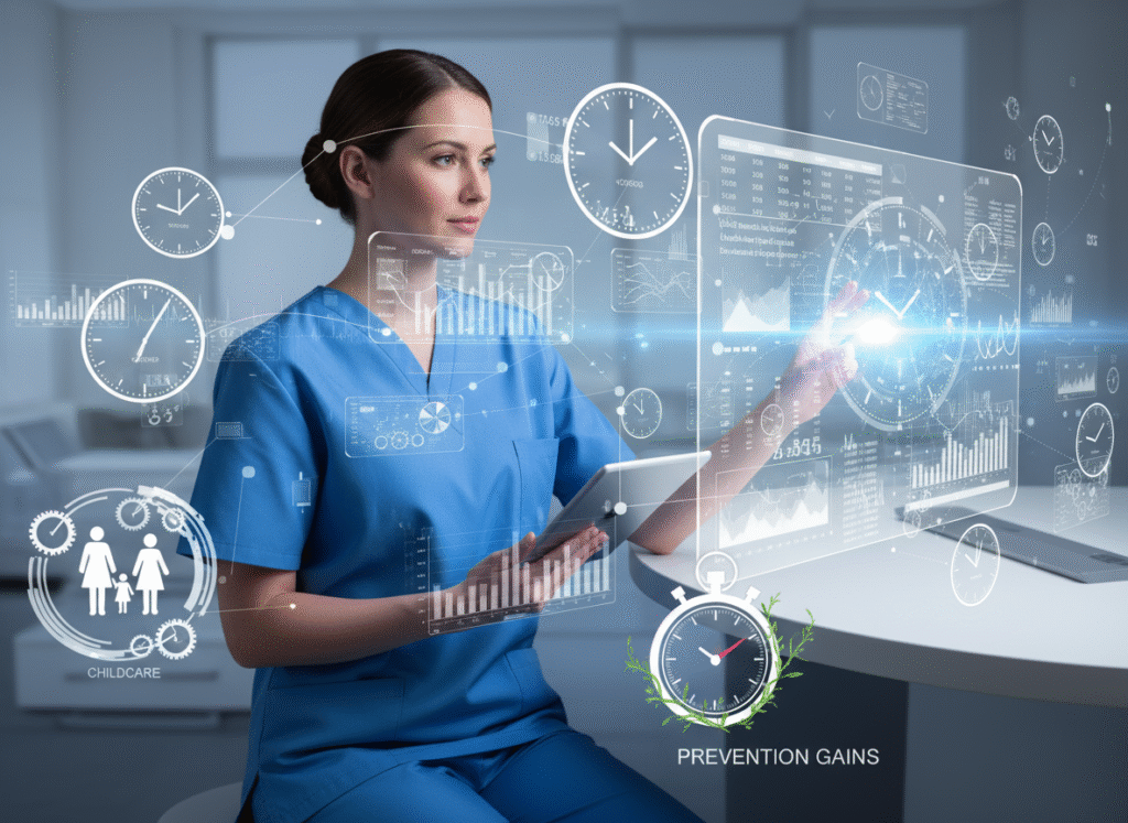 A nurse using digital tools to manage patient data, symbolising NHS productivity and innovation.