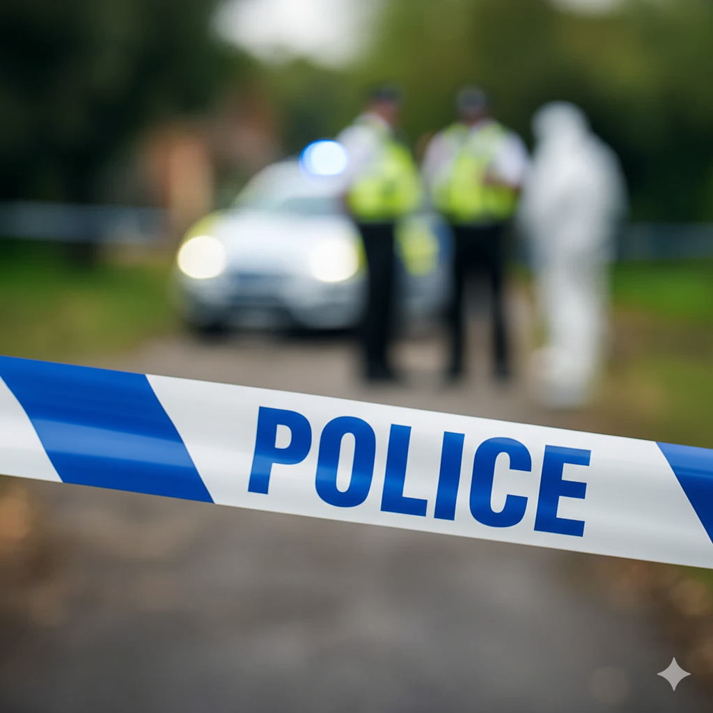 Police tape with "POLICE" written on it in blue and white stripes is in the foreground, out of focus. In the blurred background, a police car with its lights on is visible, flanked by two blurred figures of police officers in high-visibility vests and a third blurred figure in a white forensic suit. The overall scene suggests a crime or incident under investigation, with a focus on official presence.