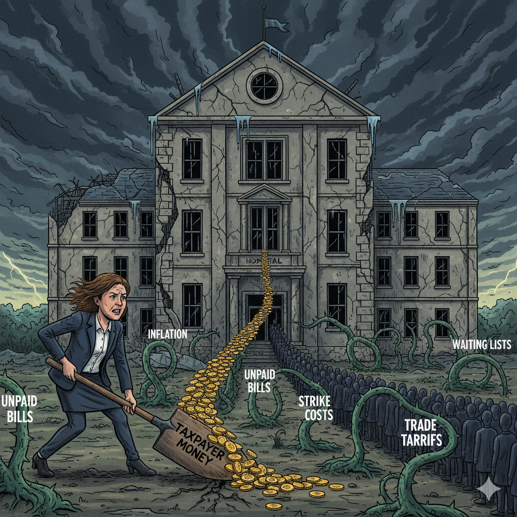 Political cartoon of a figure shovelling taxpayer money into a visibly crumbling, overwhelmed hospital building, with most of the funds being intercepted by obstacles like 'Inflation' and 'Strike Costs.'