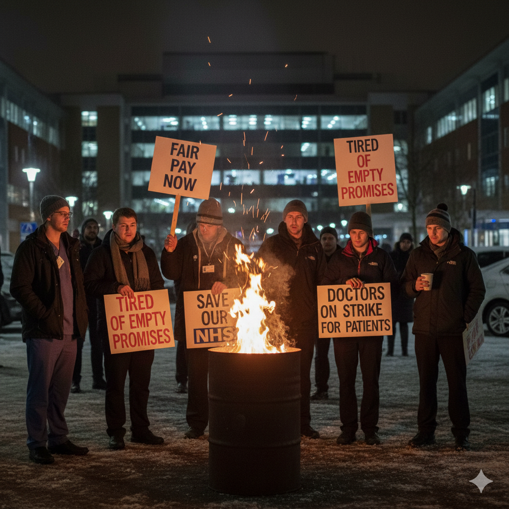 Group of doctors holding protest signs around a barrel fire outside a hospital at night, calling for fair pay, saving the NHS and action over empty promises.
