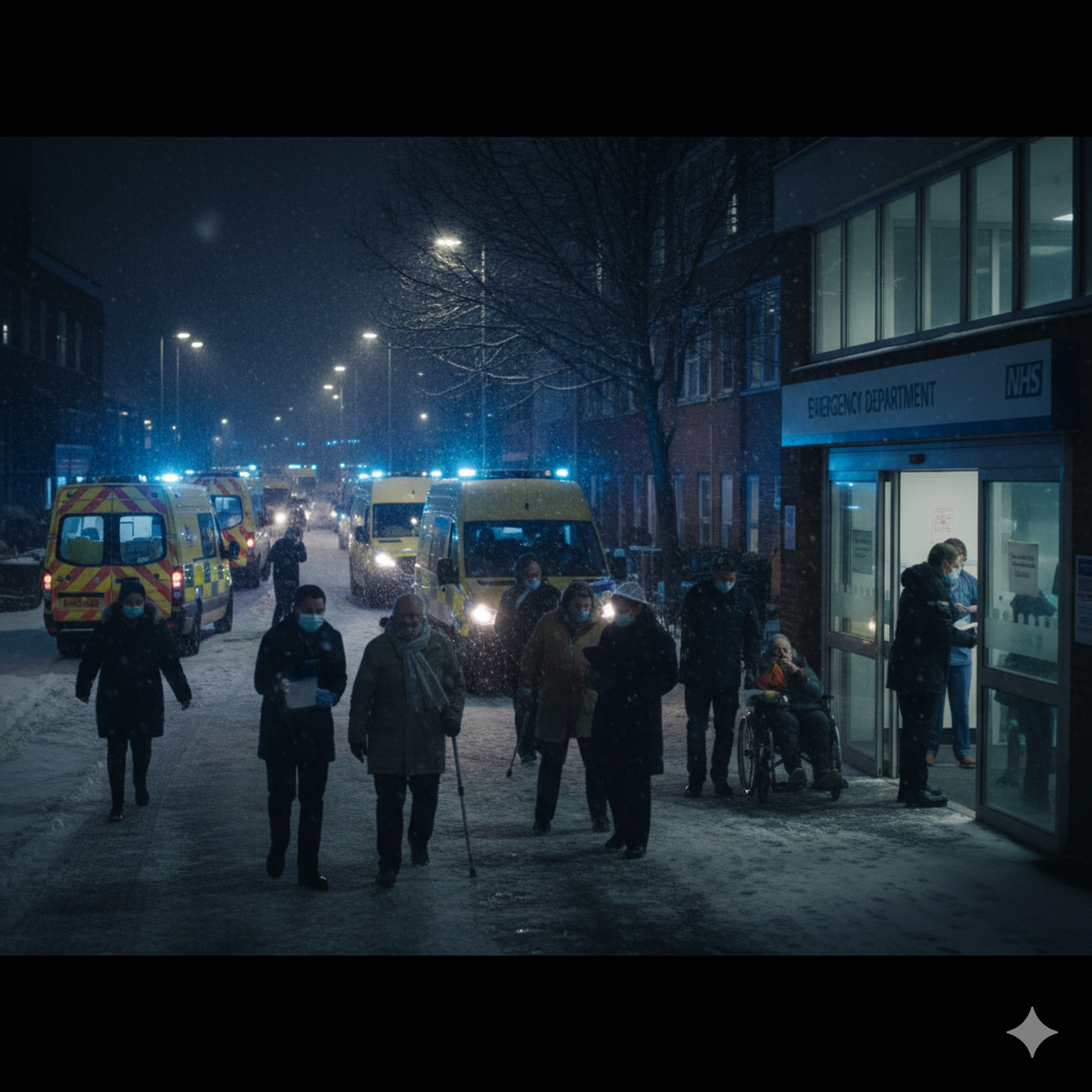 Patients and staff queue outside an NHS emergency department at night during snowfall, with ambulances lined up and people waiting to enter the hospital.