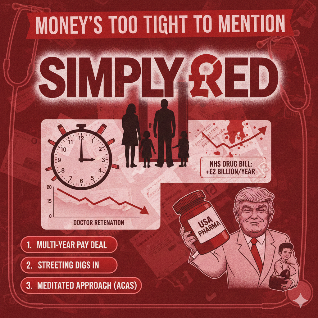 A striking, red-tinted infographic titled "MONEY'S TOO TIGHT TO MENTION: SIMPLY RED." The image visually connects the NHS doctor strike, rising drug costs, and political figures. Key elements include a graph showing declining "DOCTOR RETENTION" over time, a distressed family silhouette, a rising arrow indicating a "$+£2 BILLION/YEAR" increase for the "NHS DRUG BILL," and a caricature of Donald Trump holding a bottle labeled "USA PHARMA." Three options are listed at the bottom: 1. Multi-Year Pay Deal, 2. Streeting Digs In, 3. Mediated Approach (ACAS).
