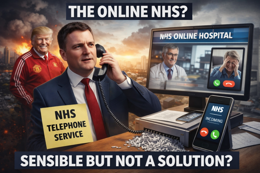 A political illustration showing Wes Streeting holding a telephone labelled National Health Service Telephone Service, with a screen beside him showing an online hospital video consultation, a smartphone displaying an incoming National Health Service call, and a dramatic background including Donald Trump in a Manchester United jacket. Large text reads The Online National Health Service? and Sensible but not a solution?