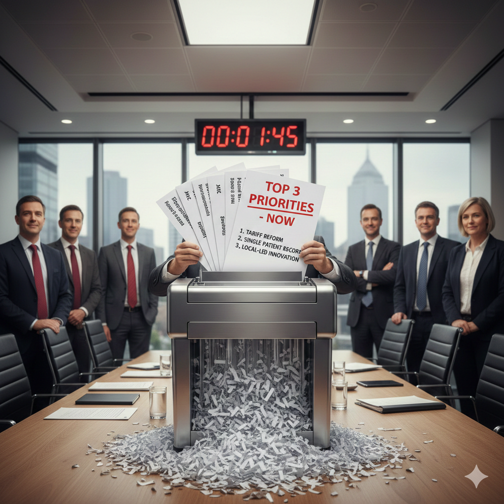 A boardroom scene where a group of suited executives stand around a table as a paper shredder destroys multiple policy documents, while a single sheet titled Top Three Priorities Now is held above the machine and a countdown clock hangs on the wall behind.