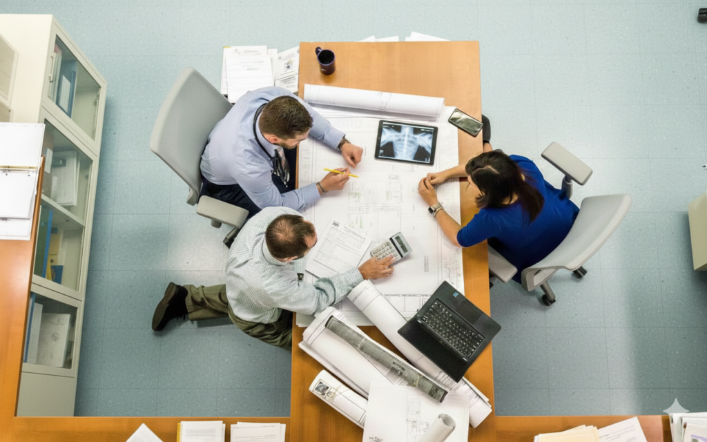 Overhead view of three colleagues seated around a desk covered with large plans and paperwork, using a laptop, tablet, and calculator during a working meeting.