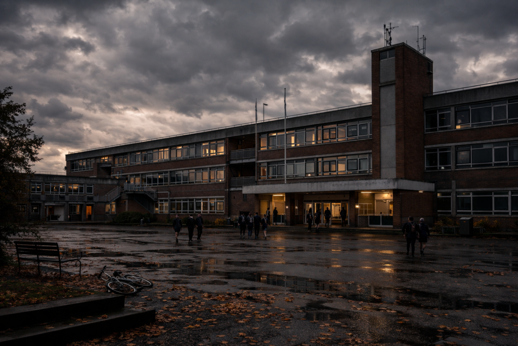 Photorealistic 1980s United Kingdom secondary school building at dusk, with wet courtyard, students in uniform, and storm clouds.