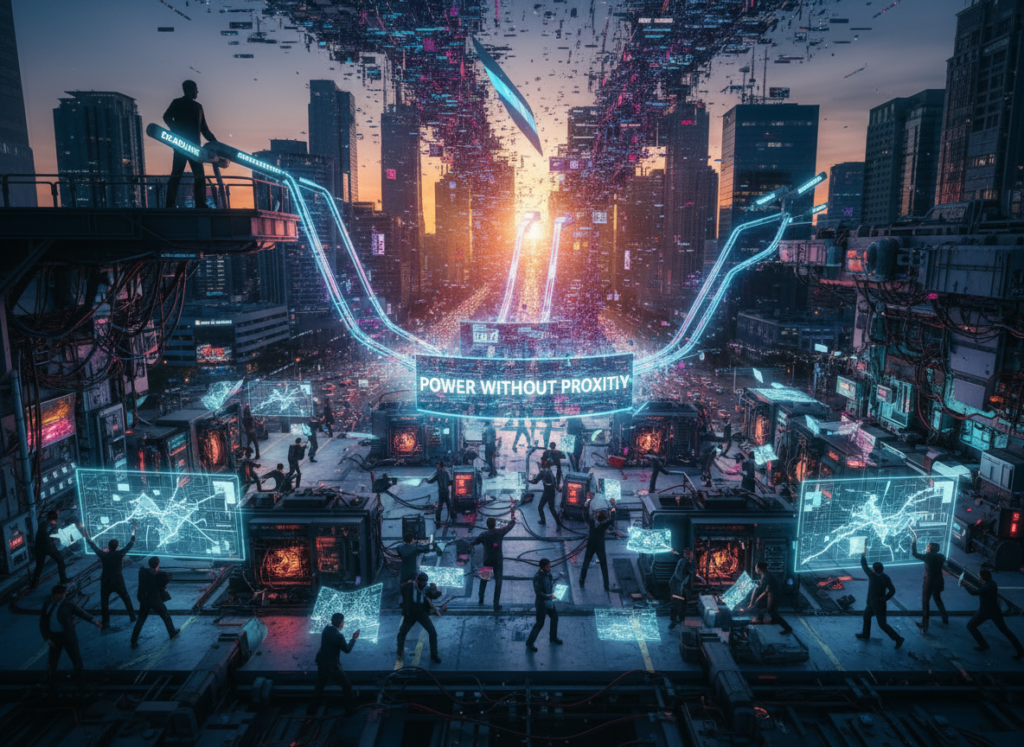 Futuristic city command hub with crowds working at glowing holographic screens beneath a large sign reading “POWER WITHOUT PROXIMITY,” symbolising distant decision-making and overwhelmed operations.