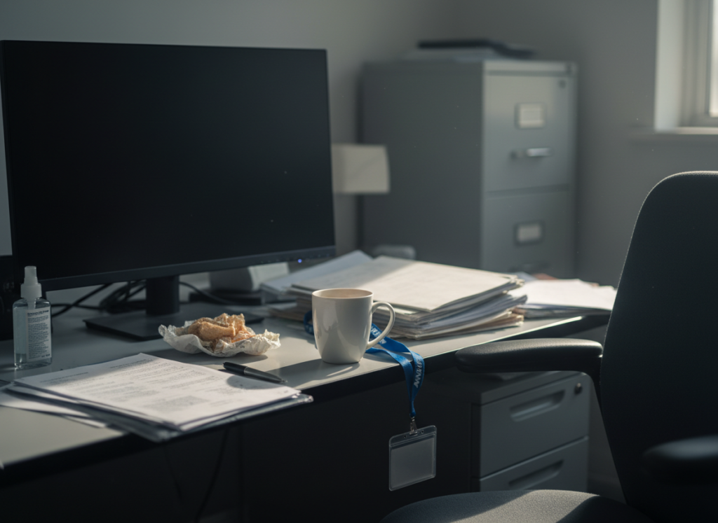 An empty office desk with a switched-off computer monitor, scattered paperwork, a white coffee mug, and a blue NHS-style lanyard draped over the edge beside an unoccupied chair in soft daylight.