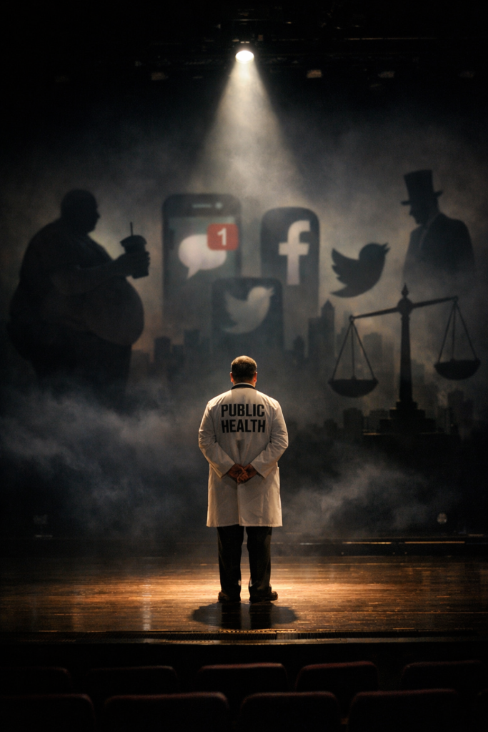 A lone public health official in a white coat stands under a single spotlight on a dark, empty stage, facing looming shadowy images of obesity, social media icons, and scales symbolising inequality.