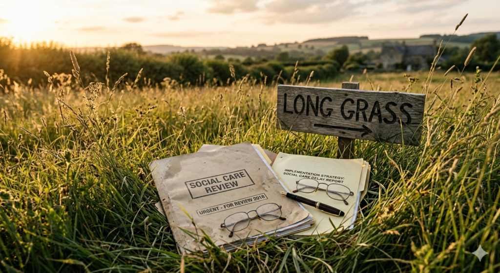 A photo-realistic editorial image showing a weathered “Social Care Review” folder and supporting papers left in tall, overgrown grass beside a rustic wooden sign reading “LONG GRASS,” lit by warm late-afternoon sunlight in a quiet countryside field. The scene symbolises delayed social care reform, policy drift and the repeated deferral of urgent government action.