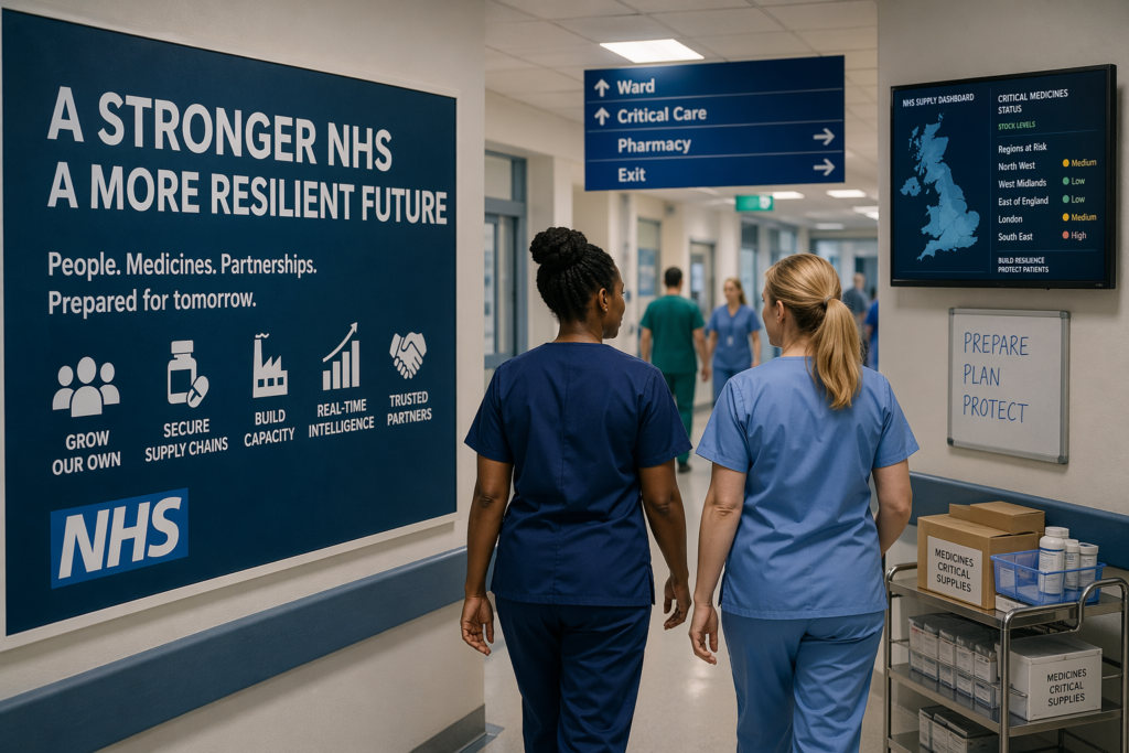 Two NHS nurses walk down a hospital corridor past signage promoting resilience, supply security and workforce planning, with a digital dashboard showing medicine stock levels and regional risk.