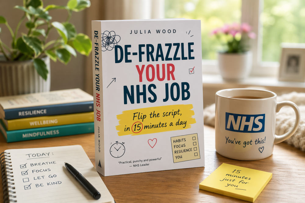 A self-help book titled “De-Frazzle Your NHS Job” on a wooden table with a coffee mug, notepad, and plant in a sunlit room.