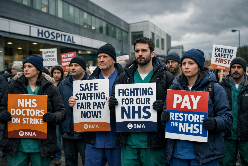 A group of NHS doctors stand on a picket line outside a modern hospital, wearing scrubs under winter coats and holding protest signs calling for fair pay and safe staffing, under a grey overcast sky.