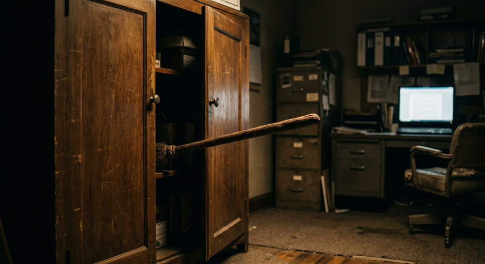 Dimly lit office with an open wooden cupboard and a broom handle protruding outward, suggesting an unexpected hazard