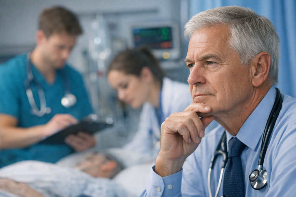 Senior consultant observing junior doctors treating a patient in a hospital ward