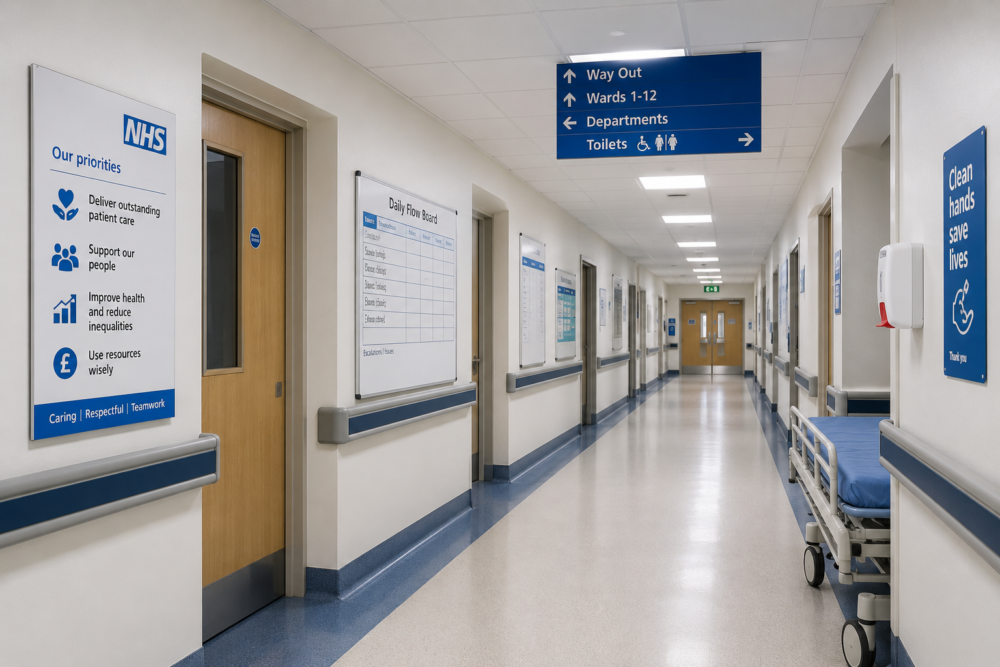 NHS-style hospital corridor representing operational pressure and system flow. James Murray NHS first 90 days
