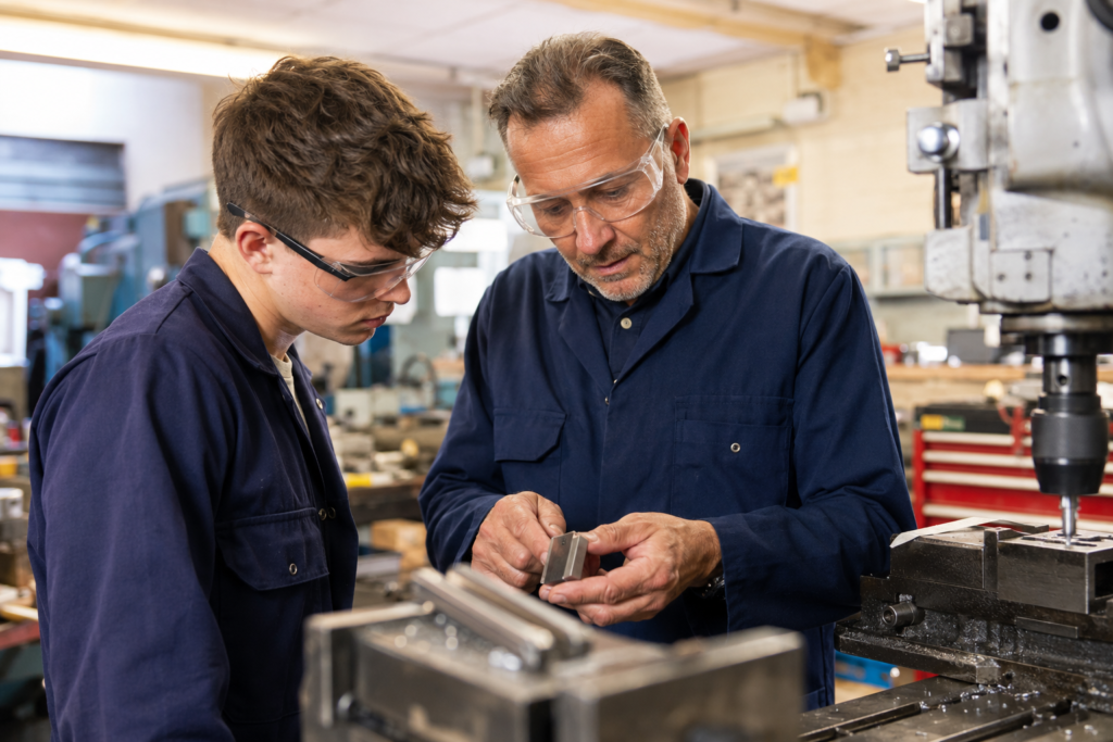 Experienced workshop mentor showing a young apprentice how to inspect a metal component in a machine shop.