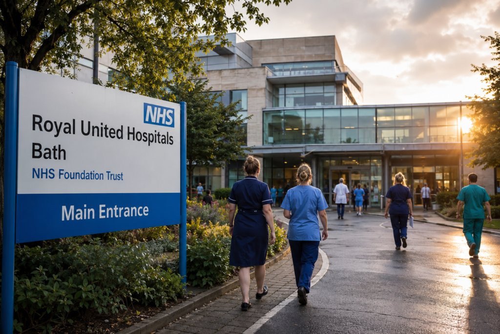 Royal United Hospitals Bath NHS Trust main entrance with healthcare staff arriving for work at sunrise.