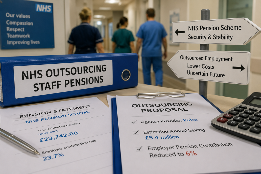 Documents showing NHS outsourcing proposals and reduced pension contributions beside healthcare workers in a hospital corridor.

NHS outsourcing and staff pensions