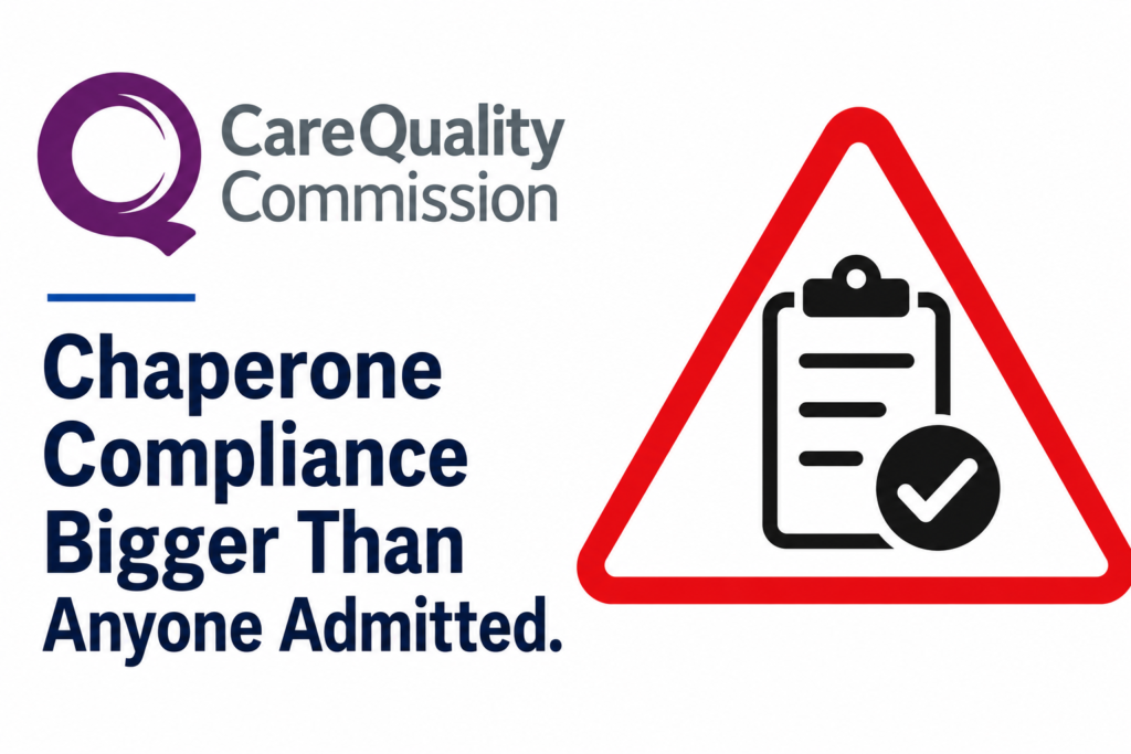 Care Quality Commission branding alongside a large warning triangle and compliance checklist, highlighting concerns about widespread gaps in chaperone compliance across general practice. Chaperone Compliance Gap