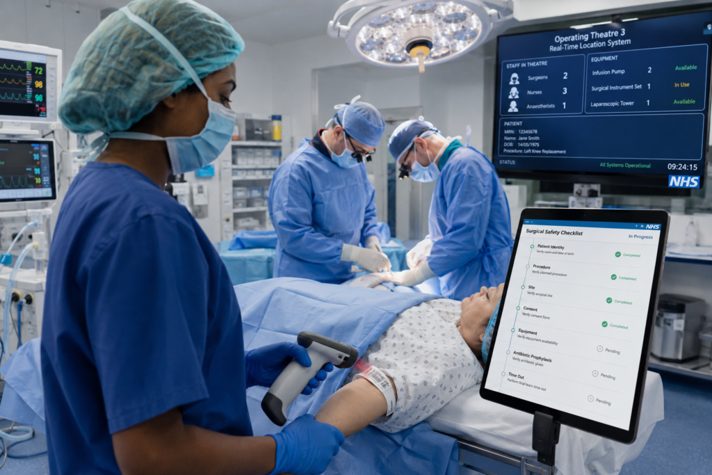 NHS surgical team using advanced patient safety technology to prevent Never Events in a modern operating theatre.