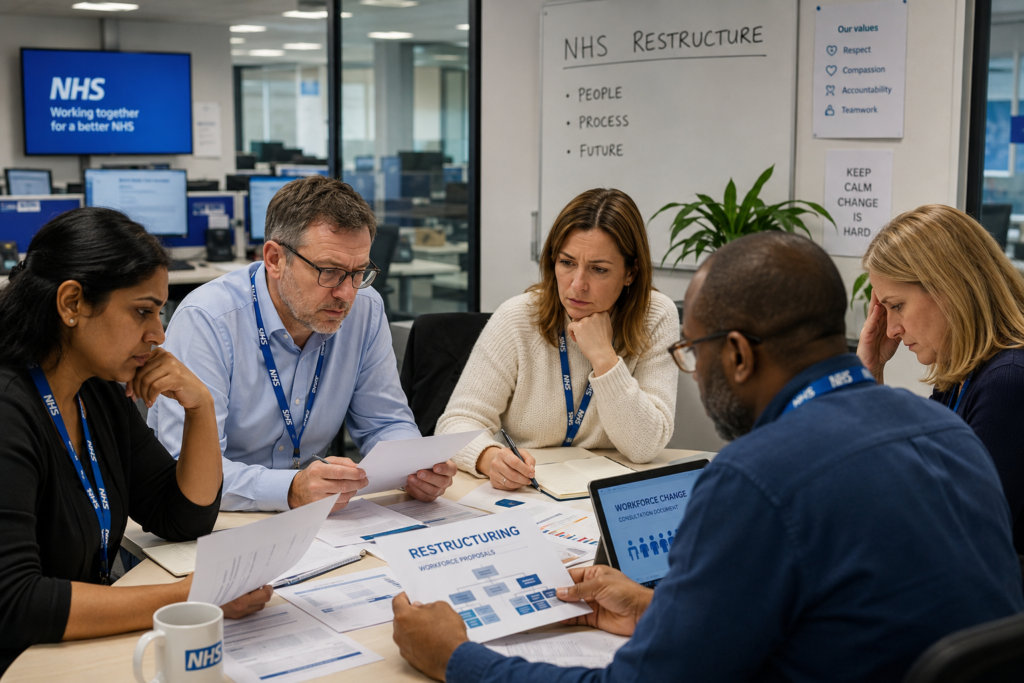 NHS administrative staff and managers reviewing restructuring proposals and workforce change documents during a formal office meeting.