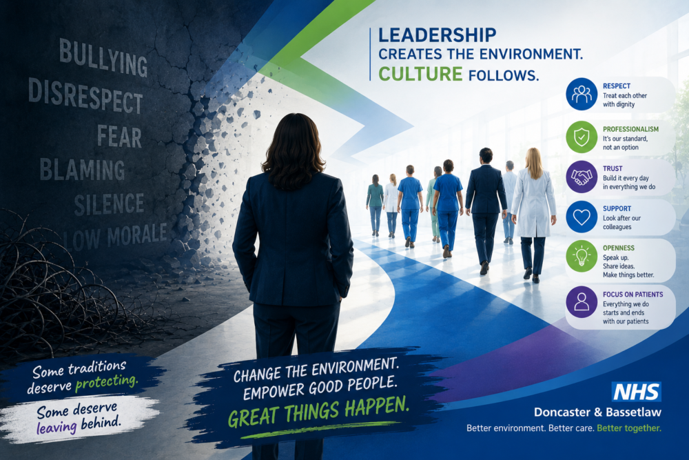 Getting better 6 Abstract illustration showing NHS staff walking from a dark, toxic workplace marked by bullying and fear towards a bright environment representing leadership, professionalism, respect and a positive organisational culture. NHS leadership culture