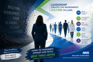 Abstract illustration showing NHS staff walking from a dark, toxic workplace marked by bullying and fear towards a bright environment representing leadership, professionalism, respect and a positive organisational culture. NHS leadership culture