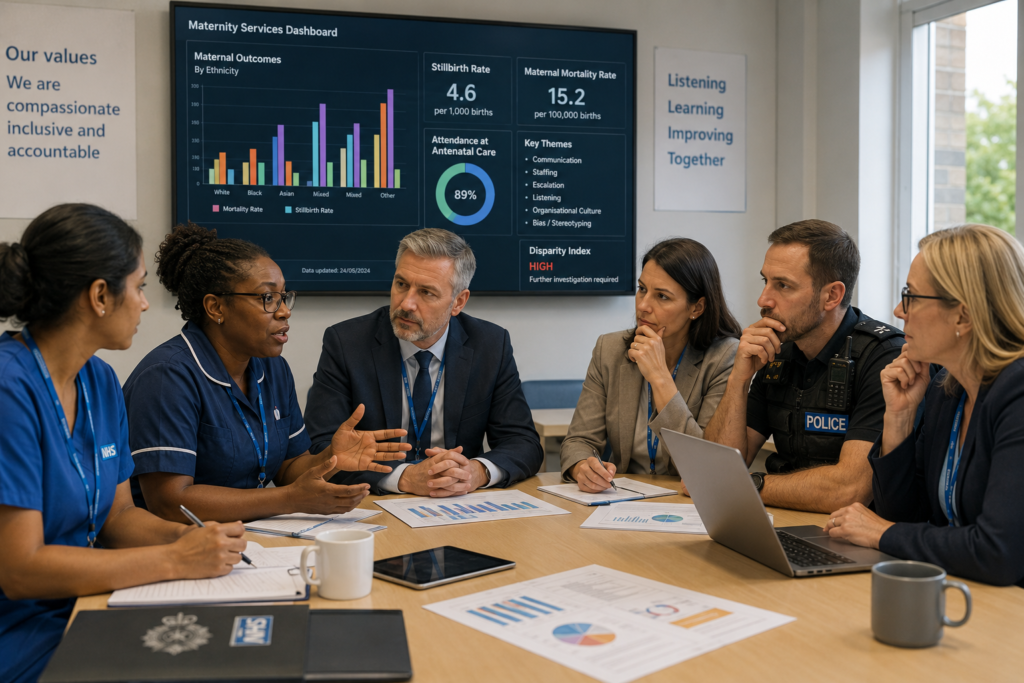 NHS staff, police officers and public service leaders reviewing outcome data to improve trust and decision-making.