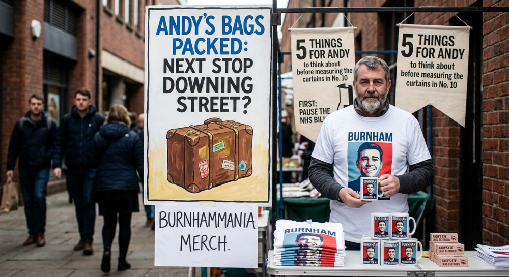 Feel-the-Burn 5 A satirical street-market display imagines Andy Burnham's journey to Downing Street, complete with campaign merchandise and five proposed NHS reforms. Andy Burnham NHS reform