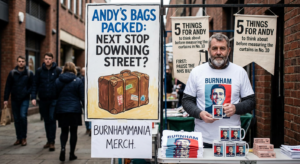 A satirical street-market display imagines Andy Burnham's journey to Downing Street, complete with campaign merchandise and five proposed NHS reforms. Andy Burnham NHS reform